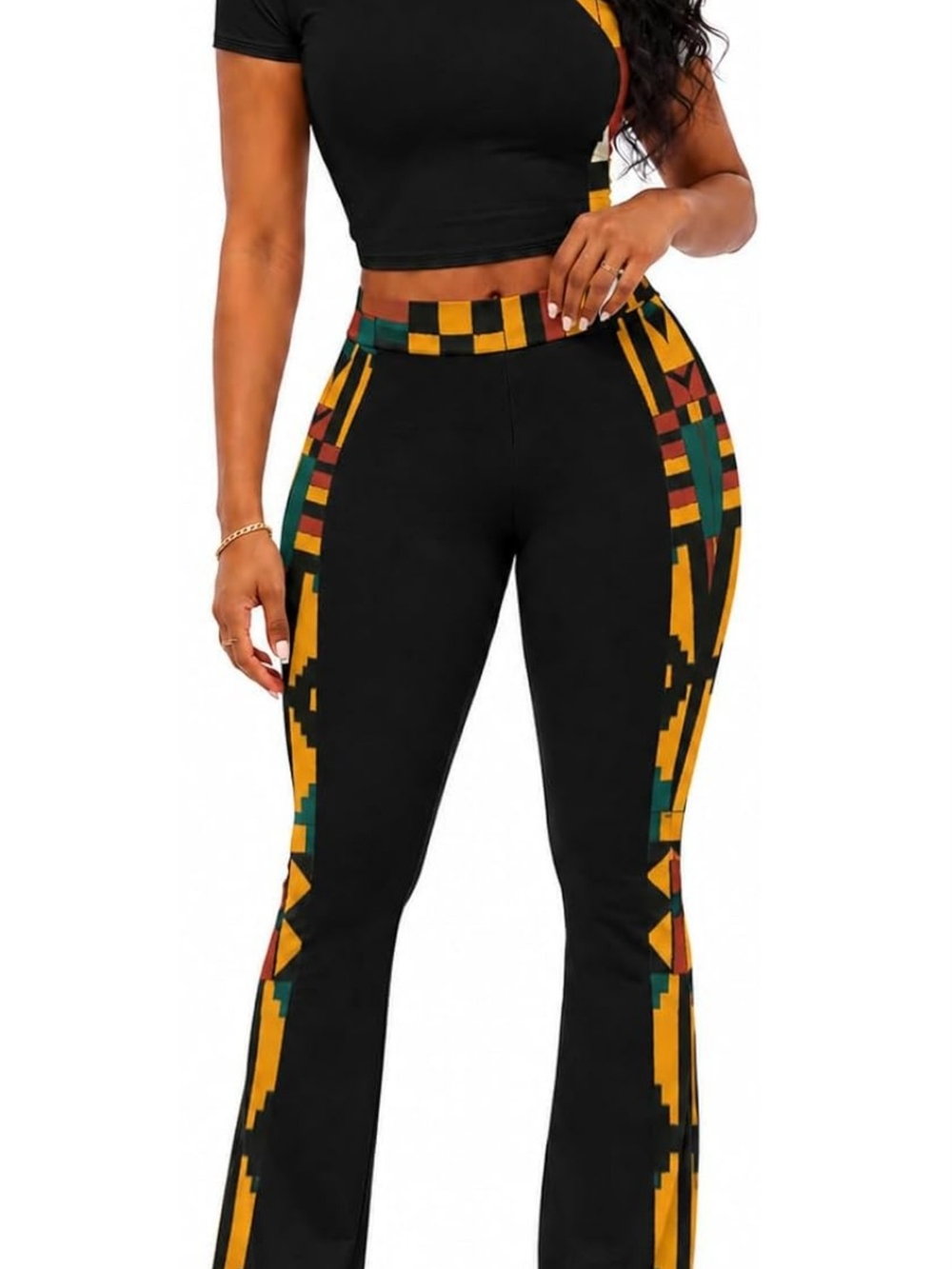 Black Flare Pants with Multi-Color Tribal Side Panels
